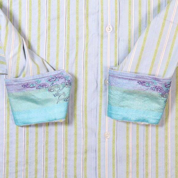 Robert Graham Shirt Long Sleeve Stripe Blue Flip Cuff Mens Large - Picture 8 of 11